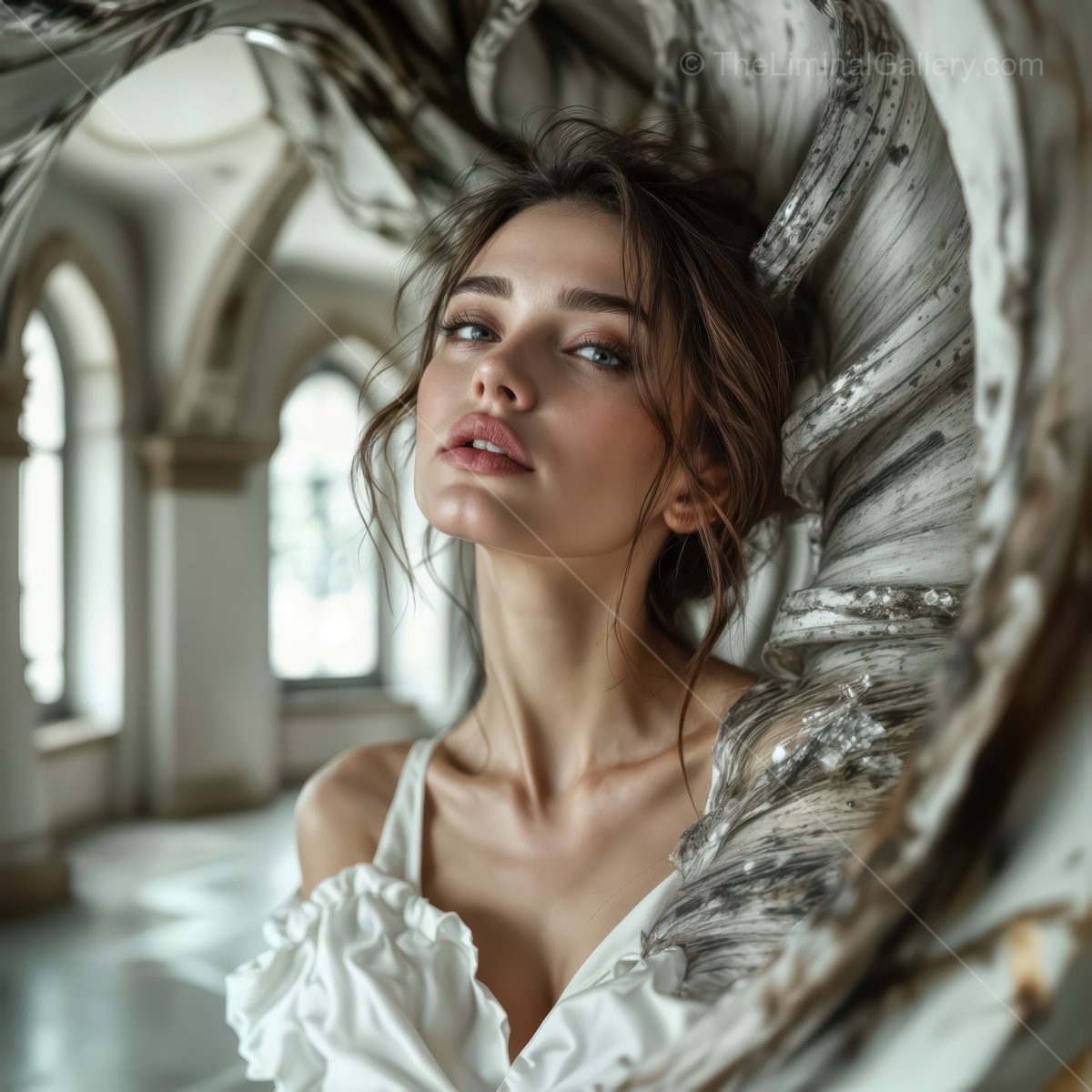 Woman stands within a spiraled structure as natural light pours through high windows onto her soft dress