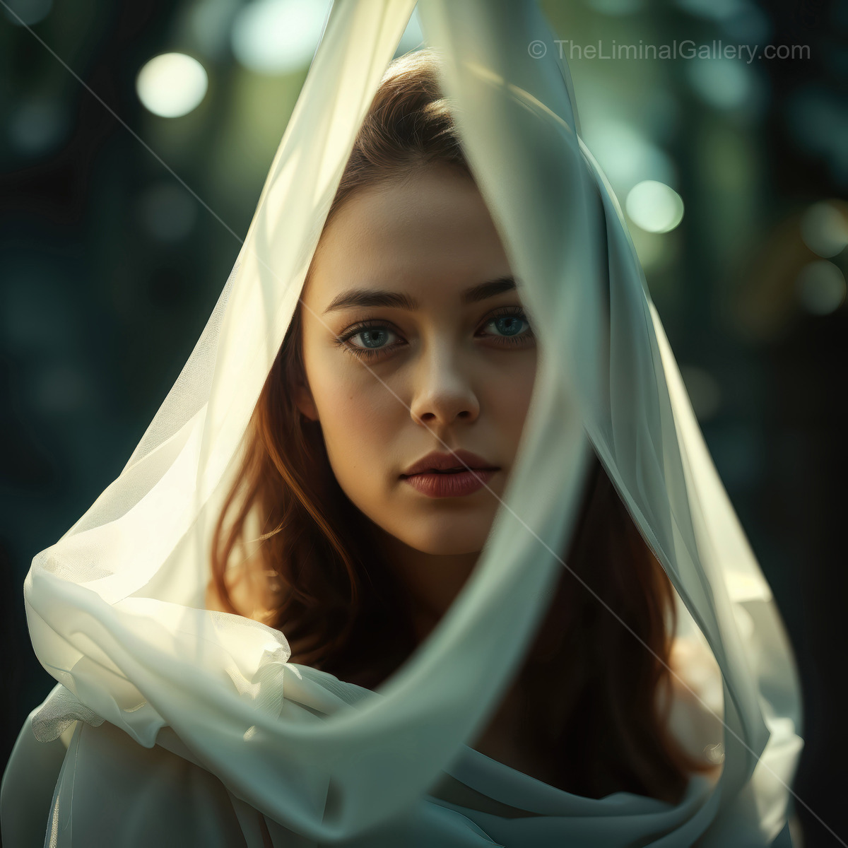 Captivating young woman with translucent fabric framing her face in a sunlit, ethereal setting during golden hour