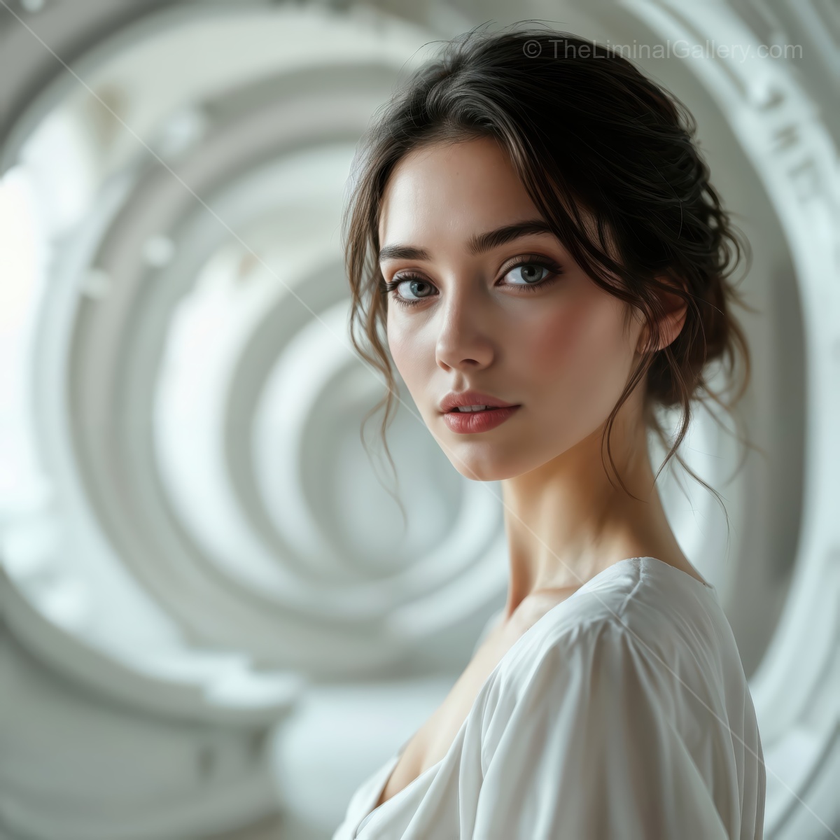 A woman gazes with serene elegance against a backdrop of swirling architecture in a soft, light-filled space
