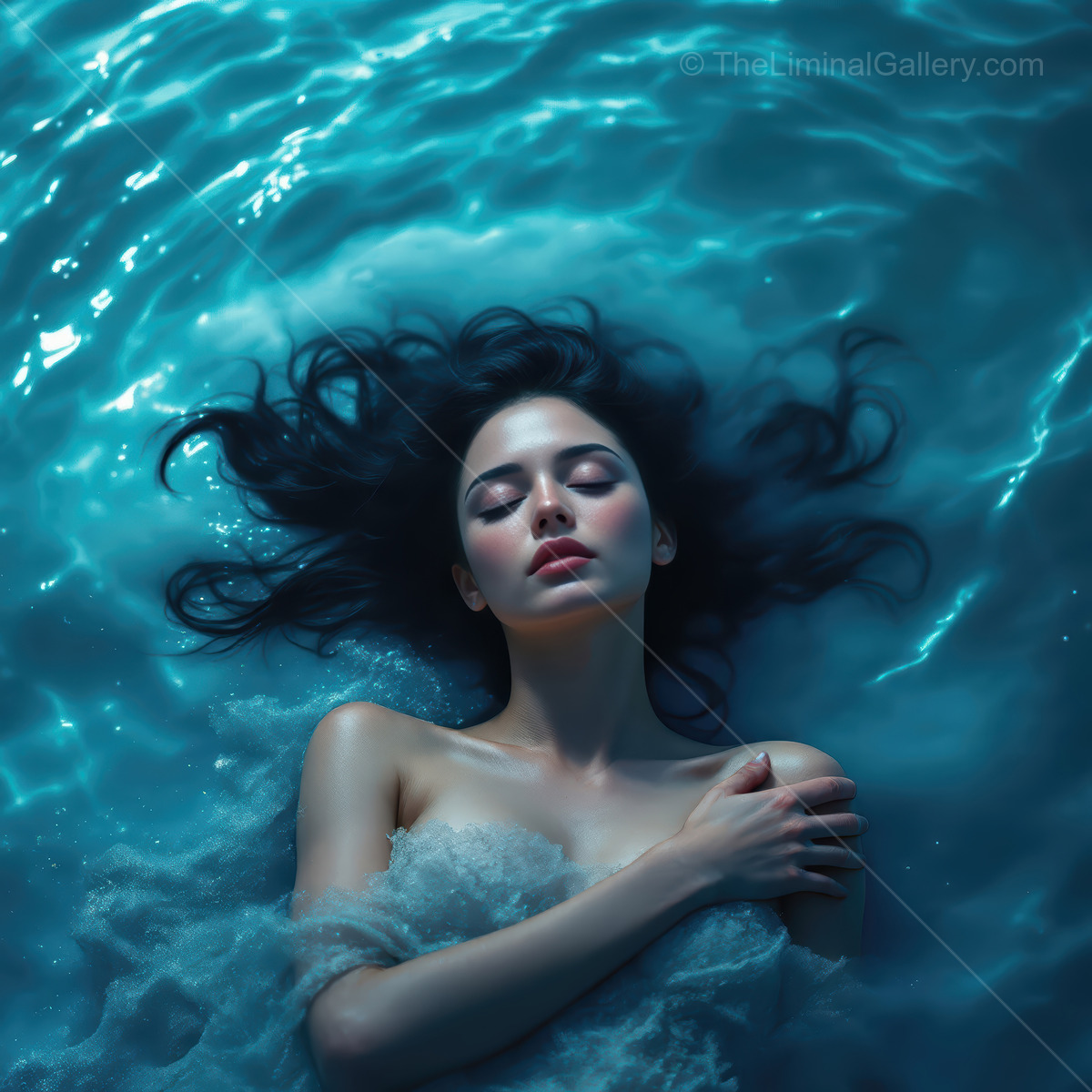 Woman floats at twilight on calm water, hair and fabric splaying as faint ripples catch the sky