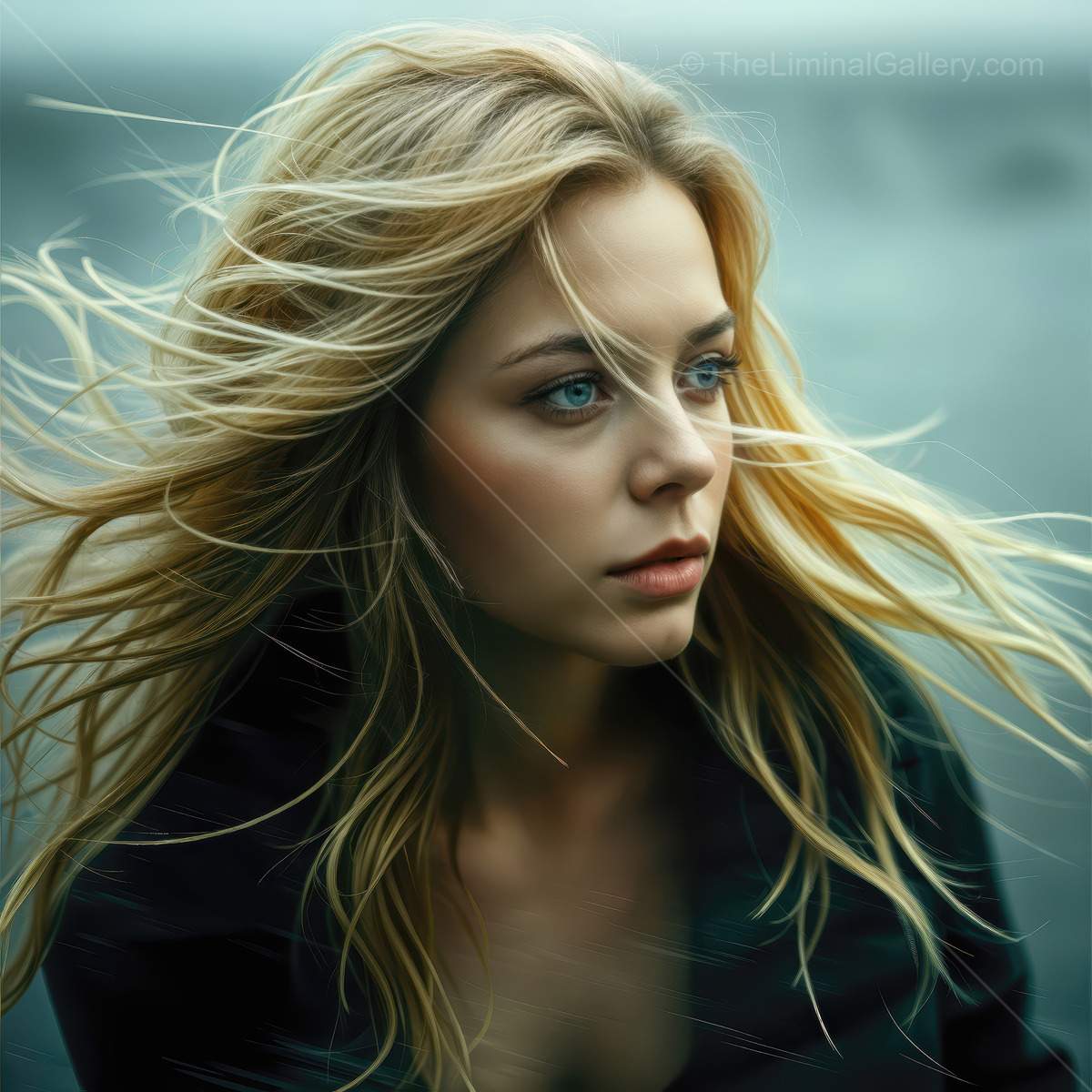 Woman with windblown hair stands at twilight on a hazy ridge line gazing outward as blended colors wash the horizon in soft gradients