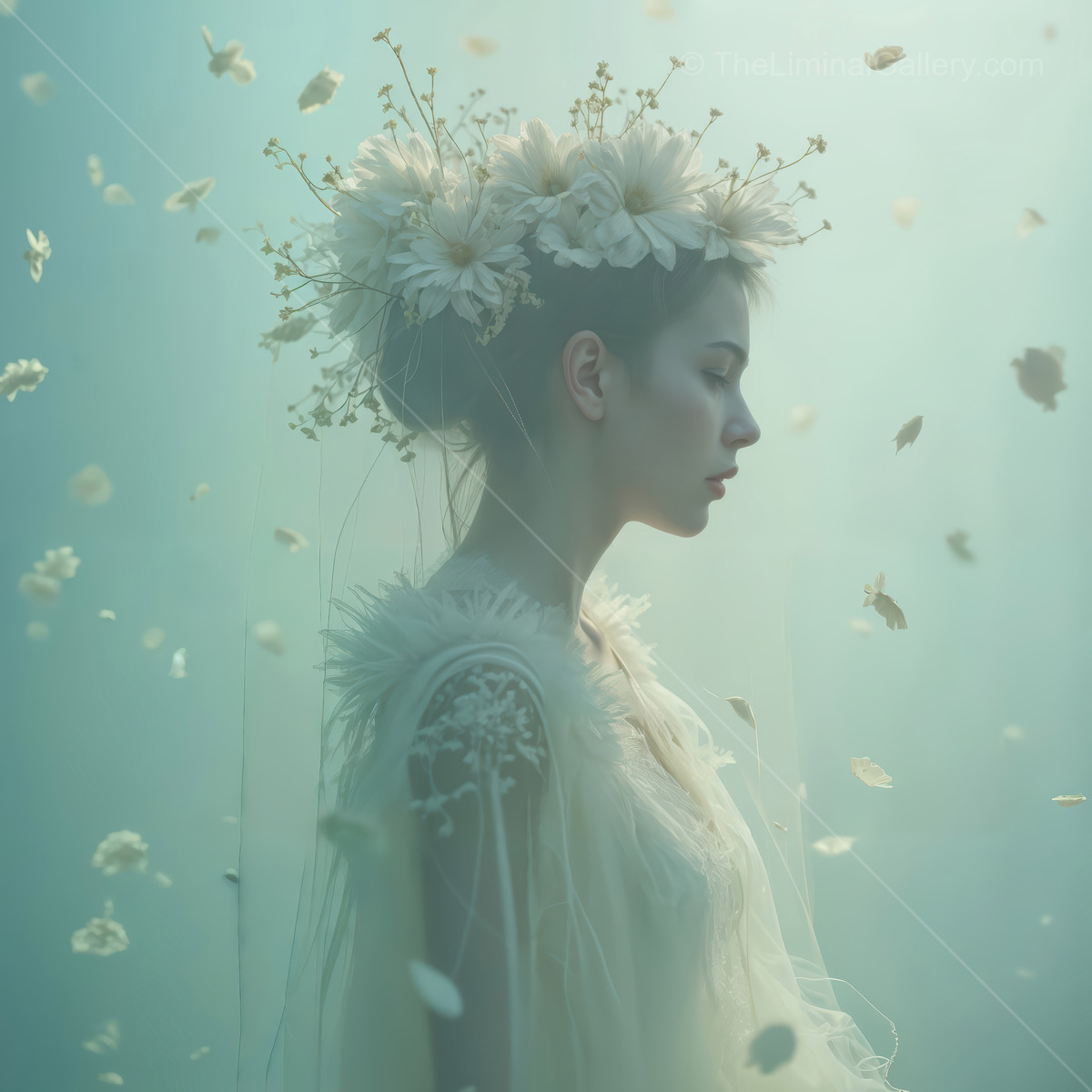 Underwater, a calm woman with a floral headpiece stands as petals drift and filtered light veils her features