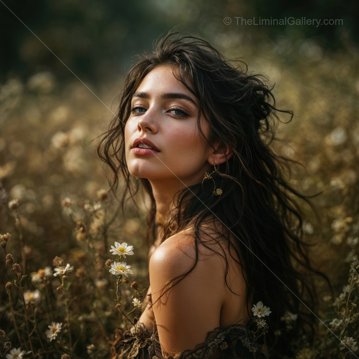 Enchanting young woman surrounded by wildflowers in a serene meadow during golden hour
