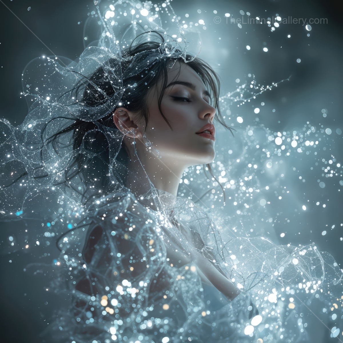 Woman surrounded by ethereal light and shimmering bubbles in a dreamlike setting at twilight