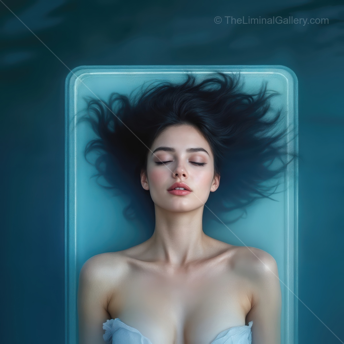 Serenity unfolds as a young woman drifts on a clear water surface under soft lighting for a breathtaking moment of calm