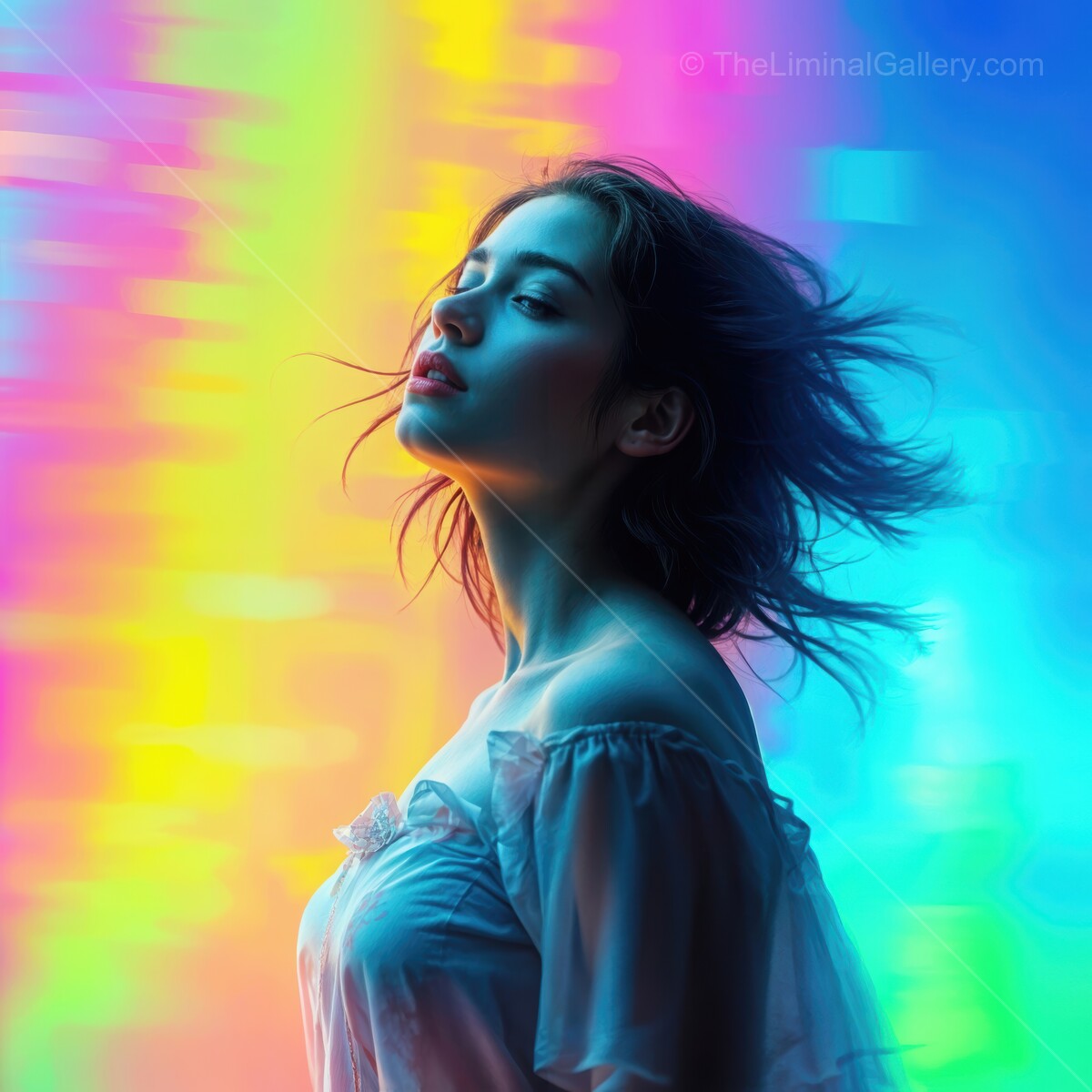 Woman with flowing hair immersed in a vibrant rainbow of colors at dusk, embodying freedom and creativity