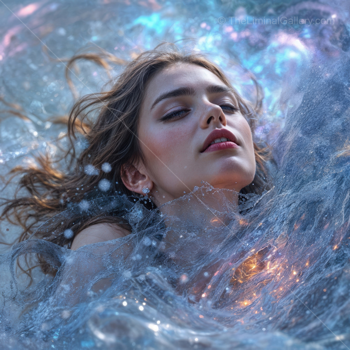 Captivating moment of a woman immersed in shimmering water with radiant light reflections