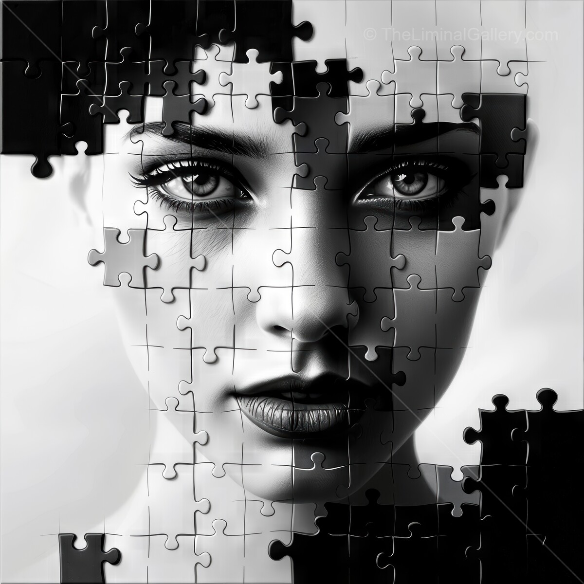 Creating visual complexity with a woman's face made of puzzle pieces