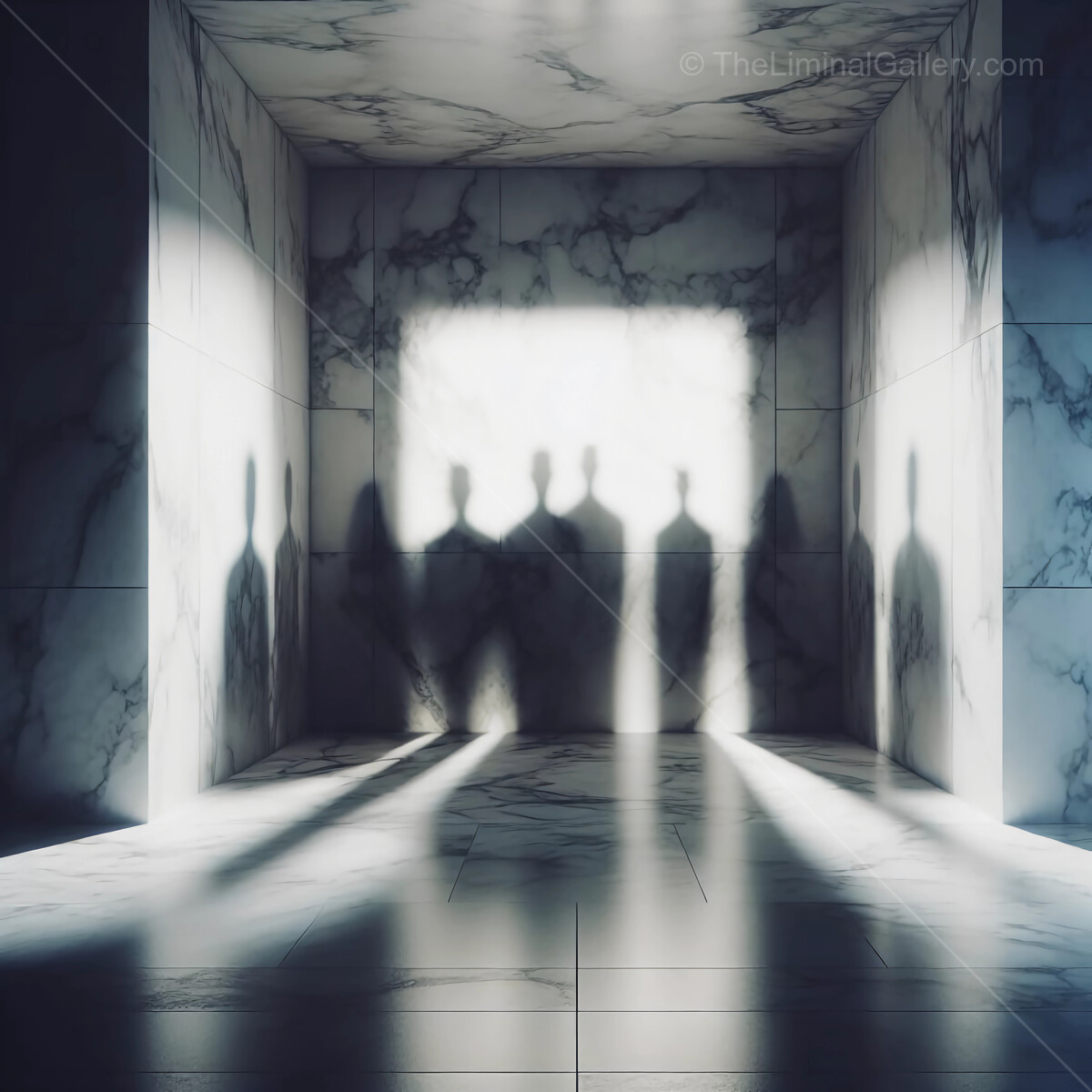 Shadows of figures emerge in a mysterious marble chamber with glowing light at dusk