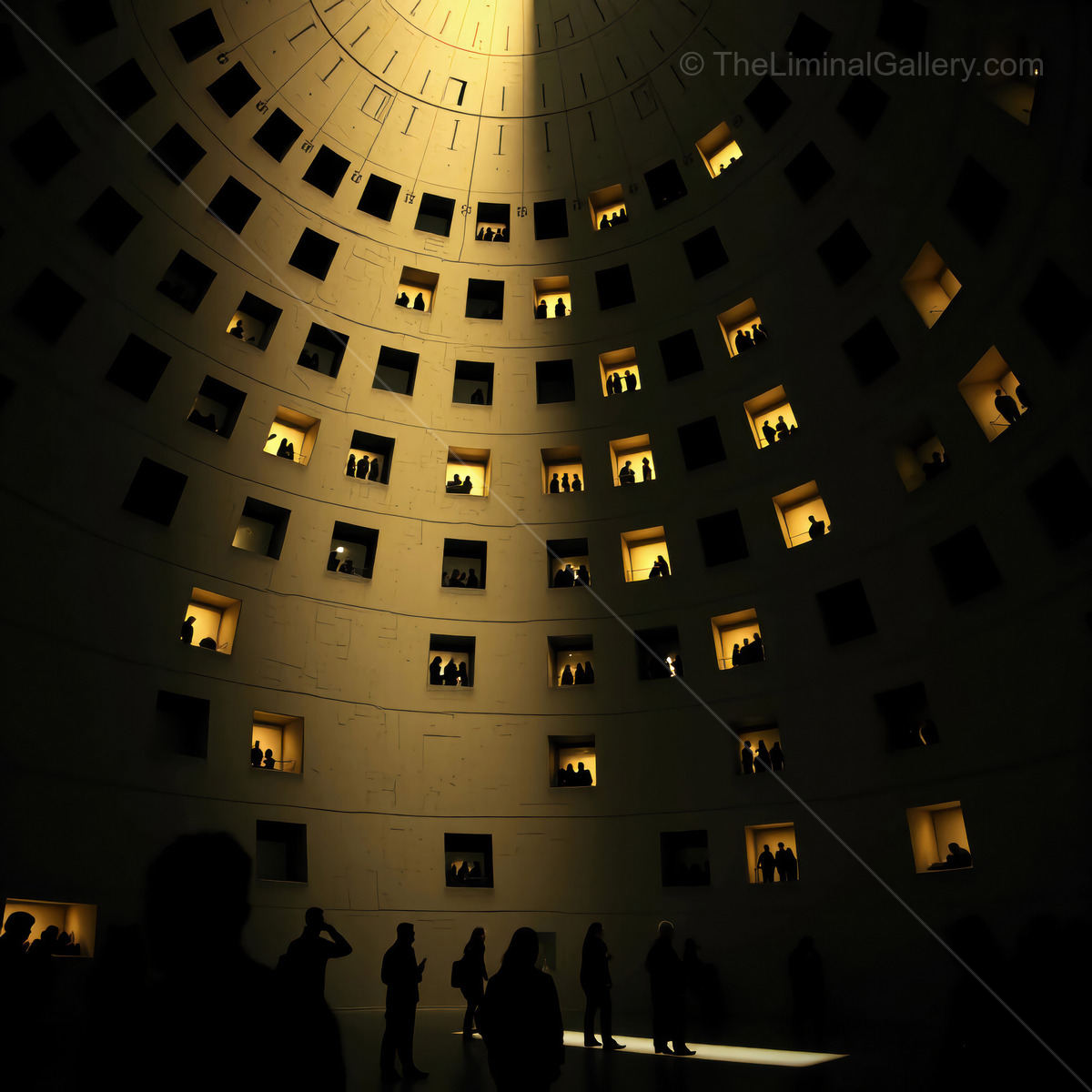 Light streaming through a circular liminal structure reveals silhouettes of visitors in an architectural wonder