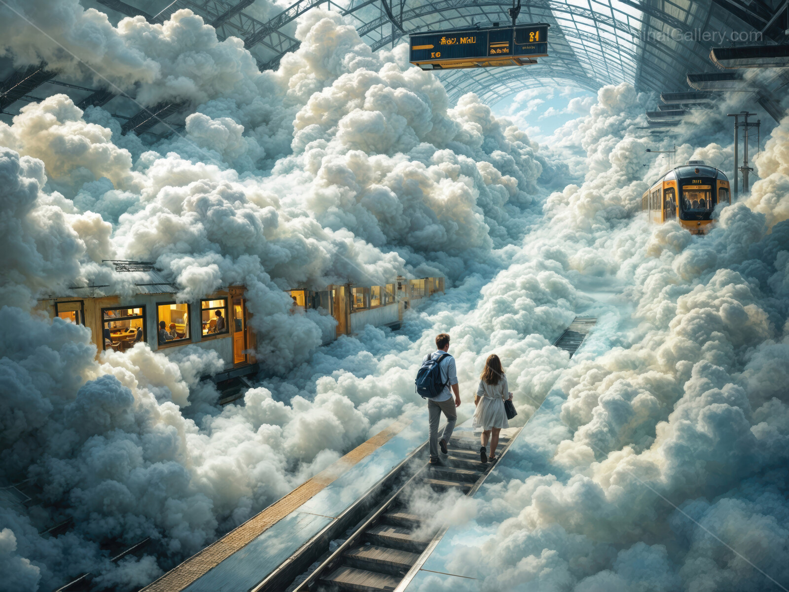 Journey through the clouds at a mystical train station filled with swirling fog and glowing lights