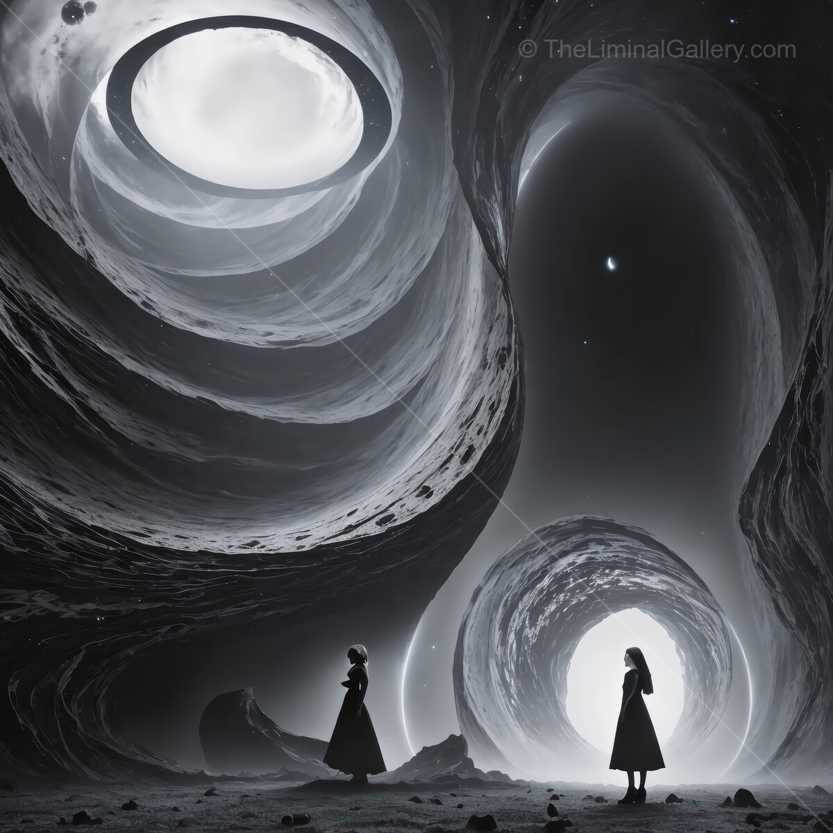 Two figures marvel at cosmic portals in a surreal lunar landscape with ethereal light