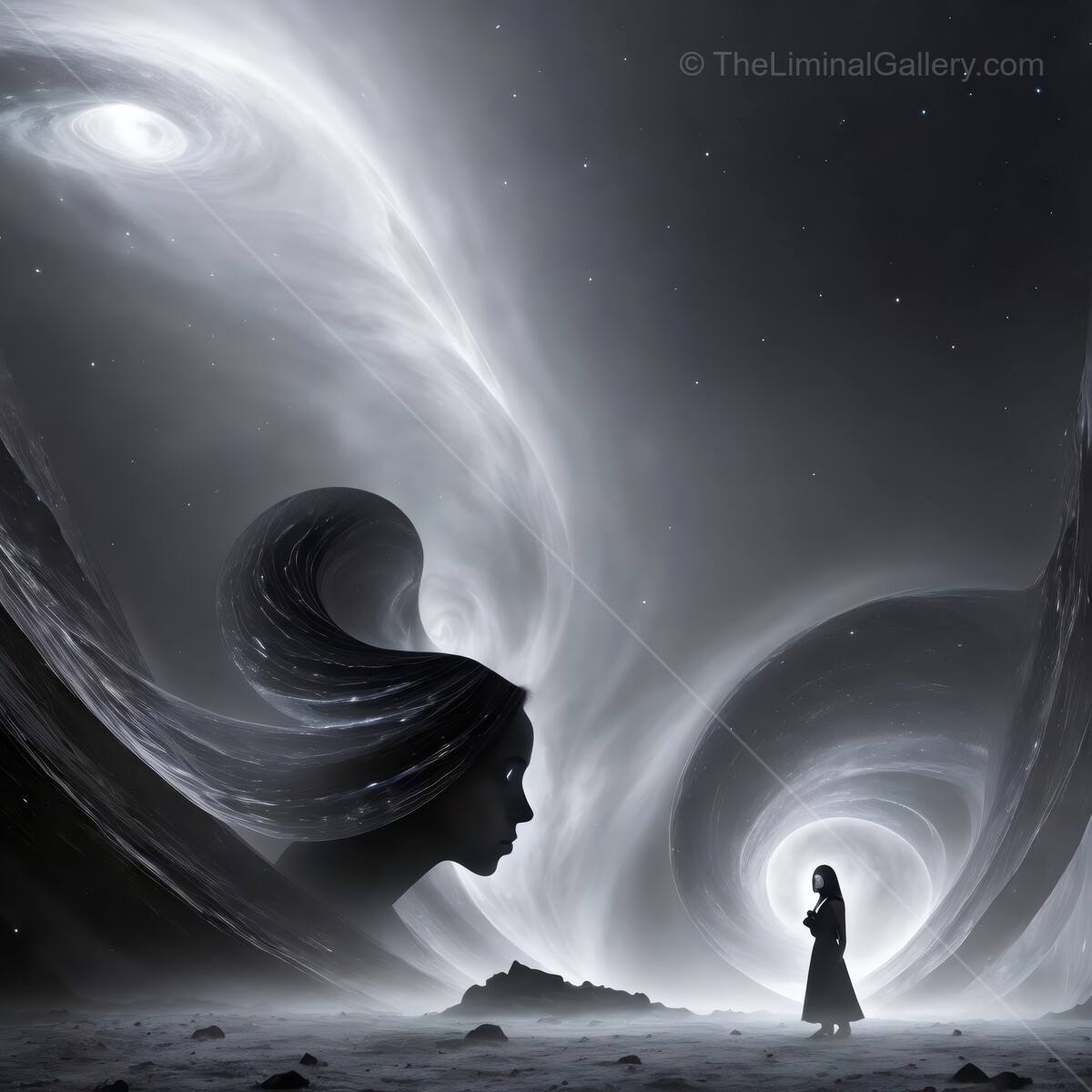 Contemplation of the cosmos in a surreal landscape of swirling energy and mystery