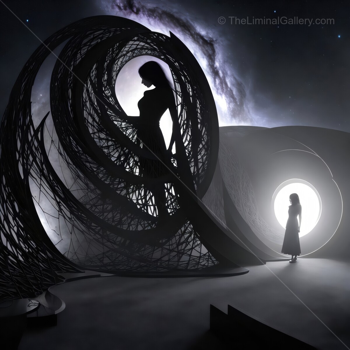 Silhouetted figures inspire wonder within a cosmic dreamscape of artistic creativity