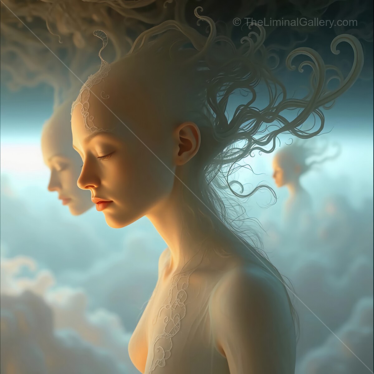 Ethereal figures merge with clouds in a dreamlike landscape at twilight