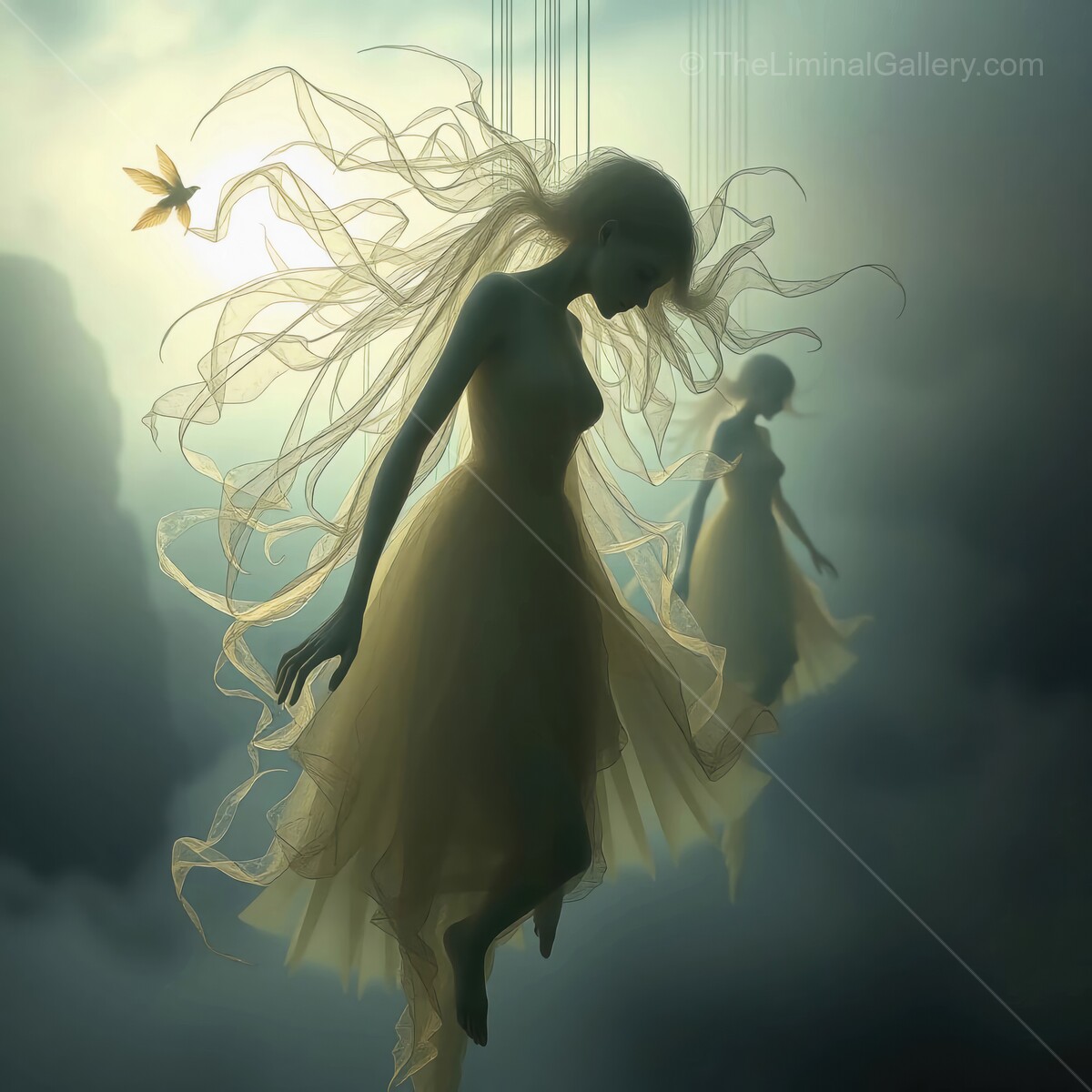 Ethereal marionettes dancing in misty dreamscape under soft light at twilight