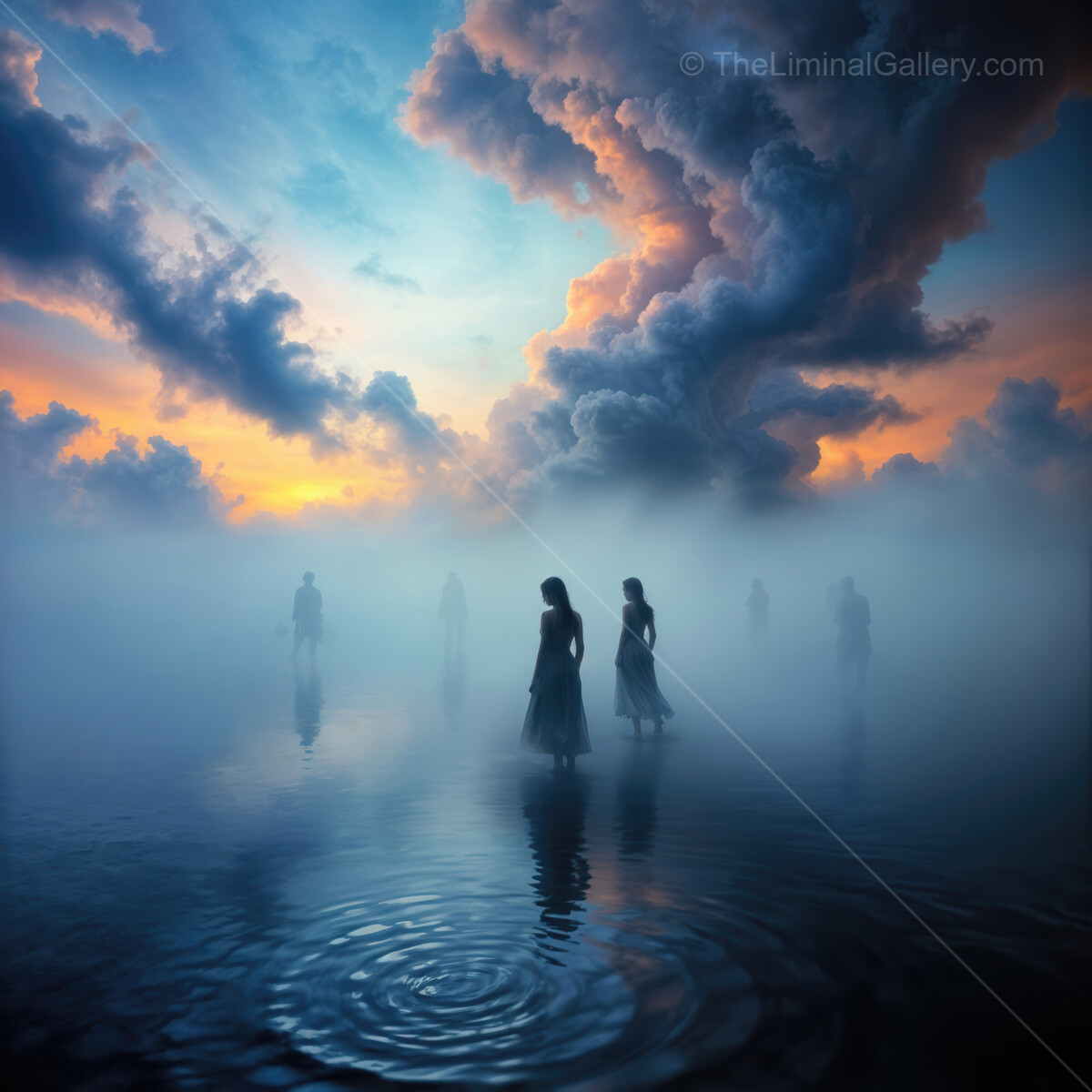 Ethereal silhouettes emerge from misty waters under a colorful sky at twilight