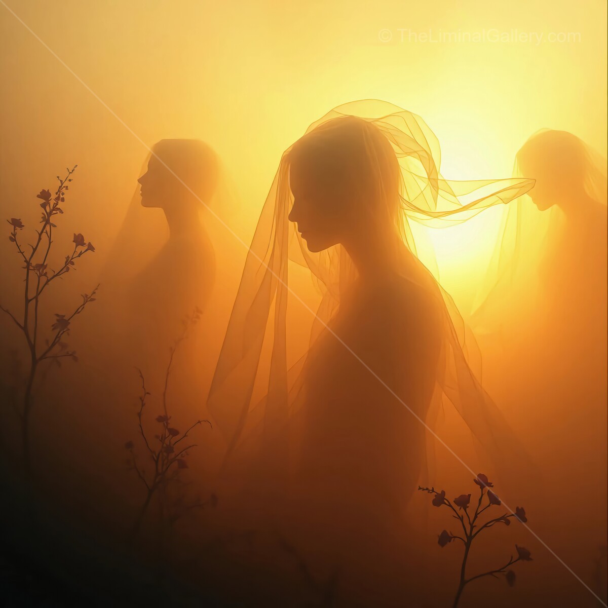 Ethereal silhouettes in misty haze capture the golden glow of dawn with delicate elegance and mystery