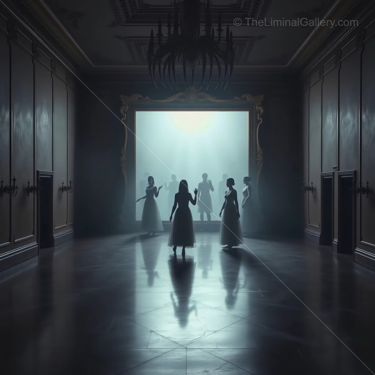 Mysterious gathering of figures in a dimly lit grand hall at twilight