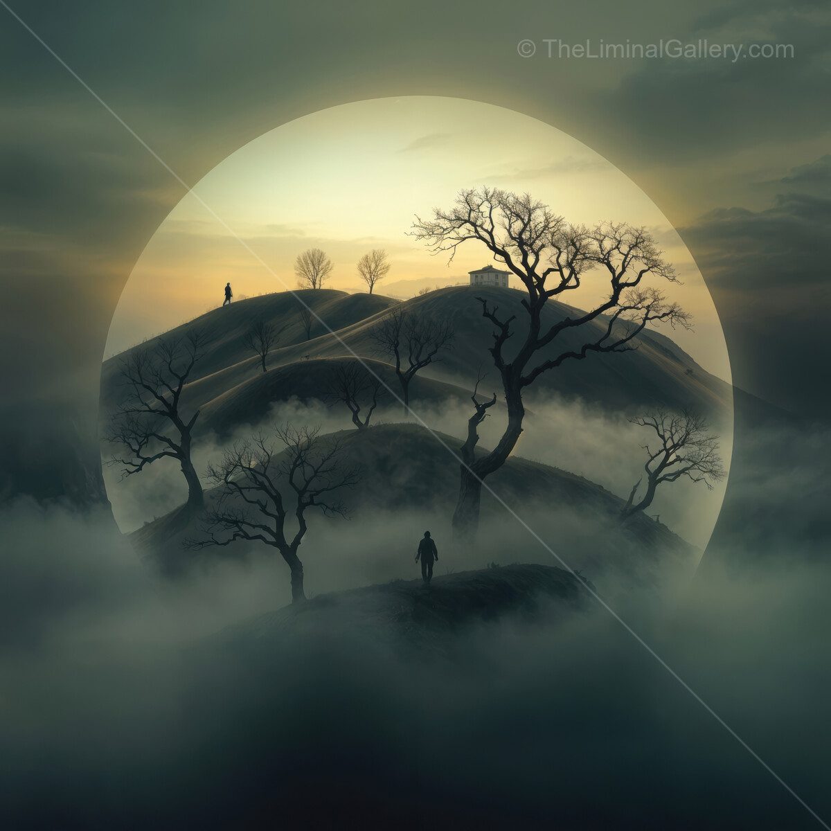 Mysterious silhouettes wander through fog-covered hills under a glowing moon