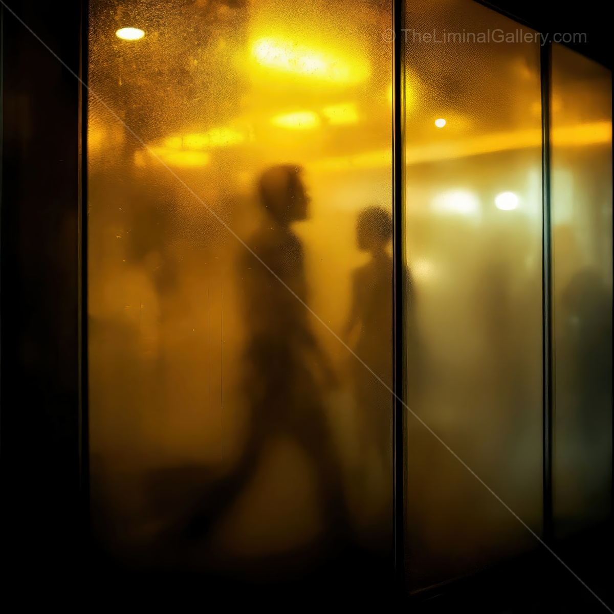 Figures moving through a foggy glass doorway illuminated by warm yellow light in an urban setting at night