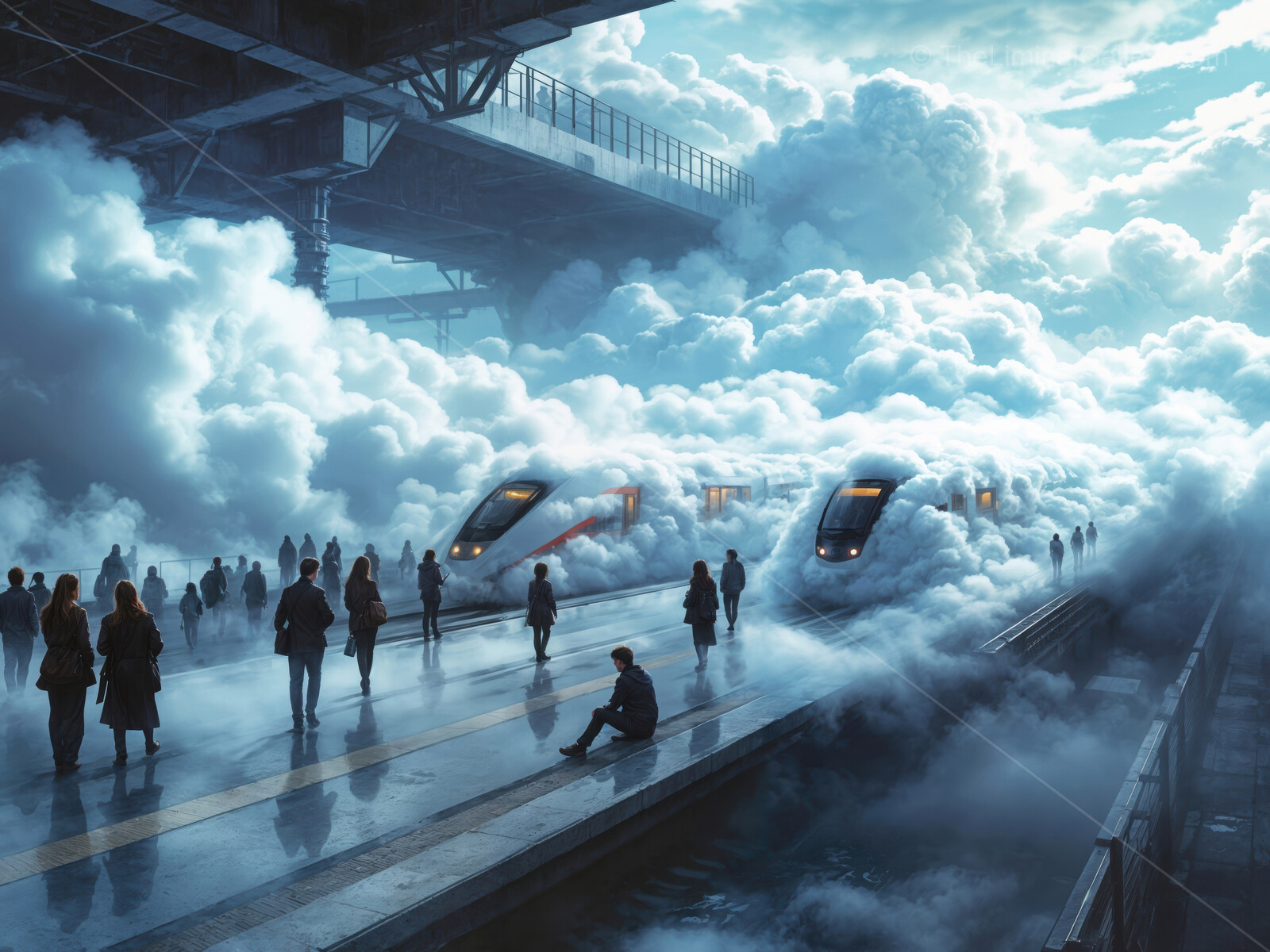 Clouds envelop commuters as trains await in a surreal urban landscape at dusk