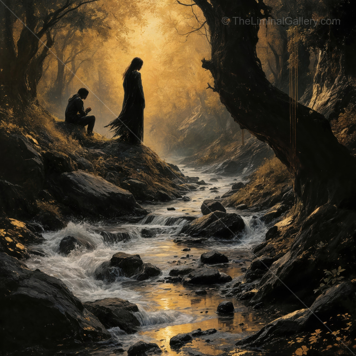 Two figures in a serene forest by a winding stream at sunrise, evoking mystery and reflection