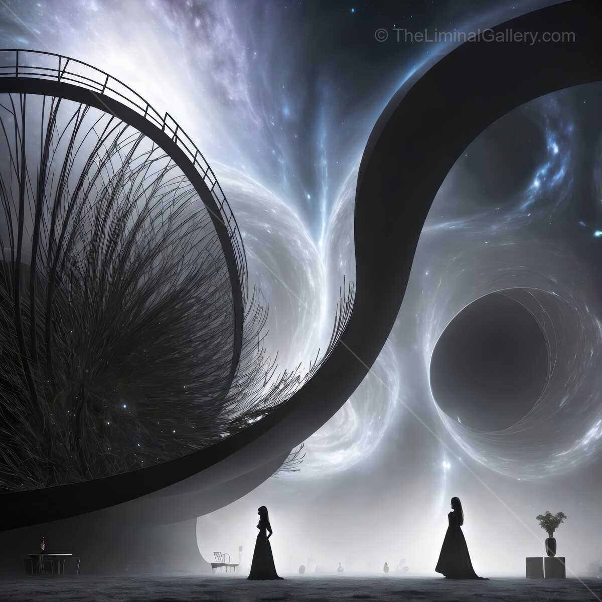 Exploring the surreal landscape of cosmic reflections and shadowy figures in a dreamlike universe