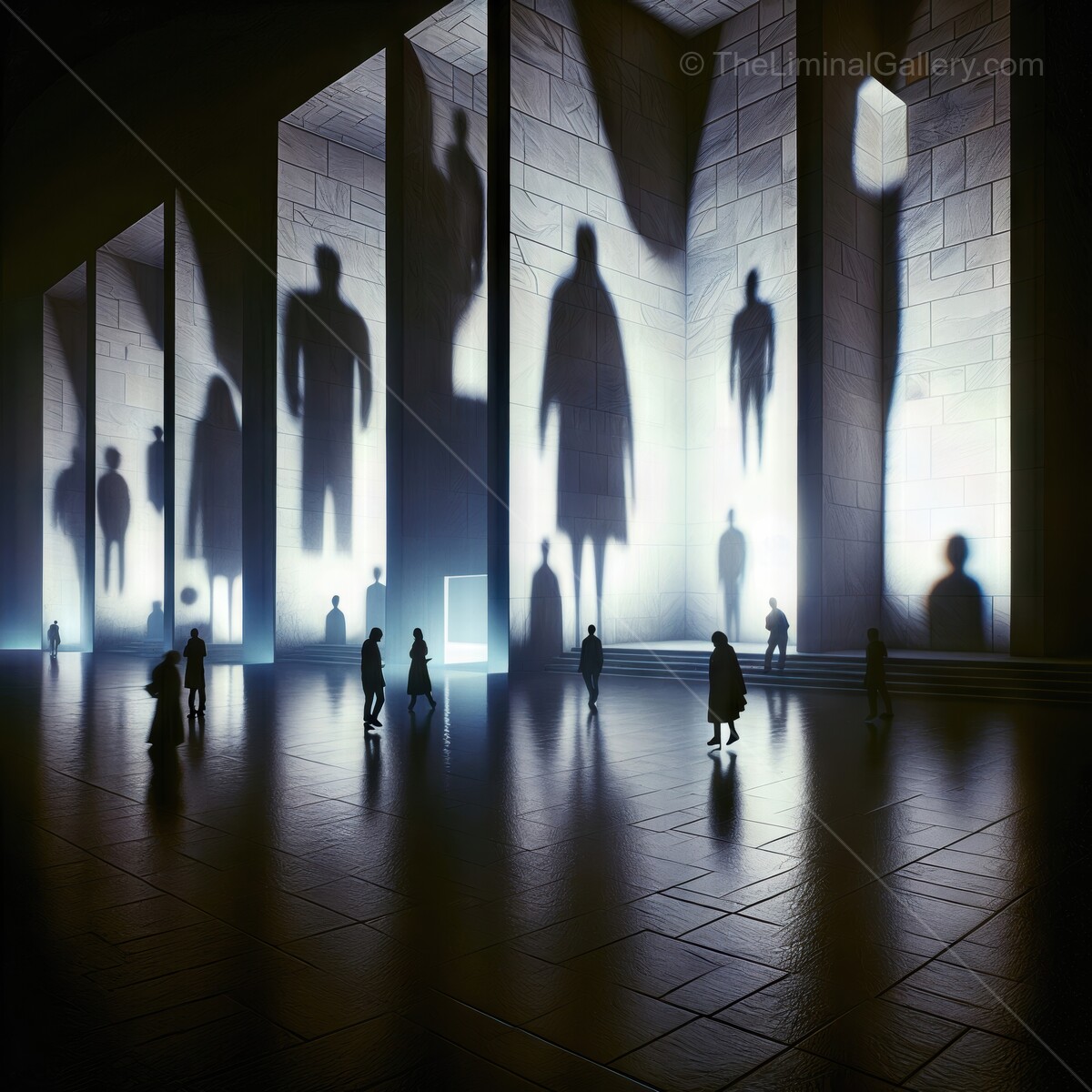Shadows of figures illuminate a grand hall at dusk, creating a mysterious ambiance and evoking intrigue