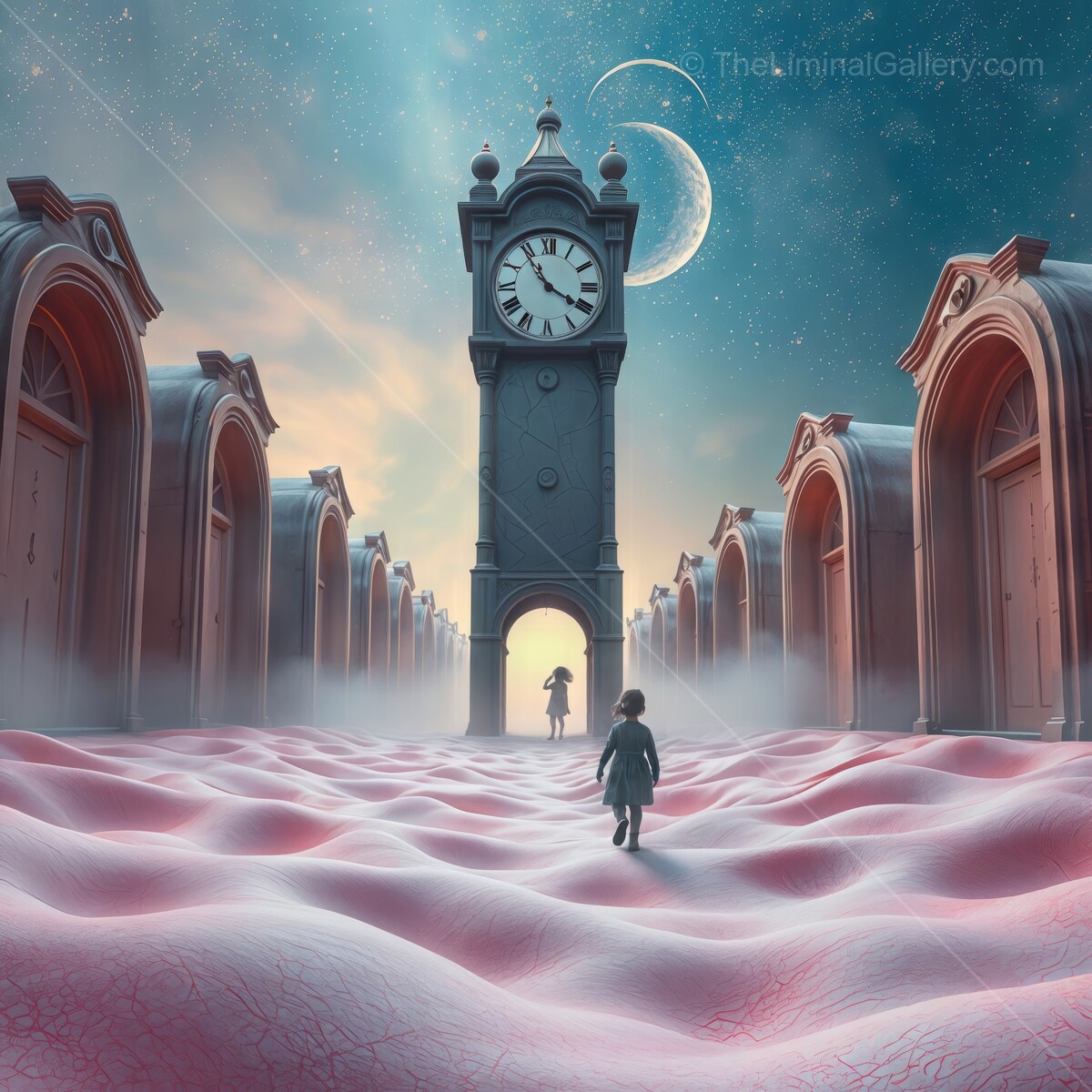Mystical journey through a dreamlike landscape with a clock tower at twilight