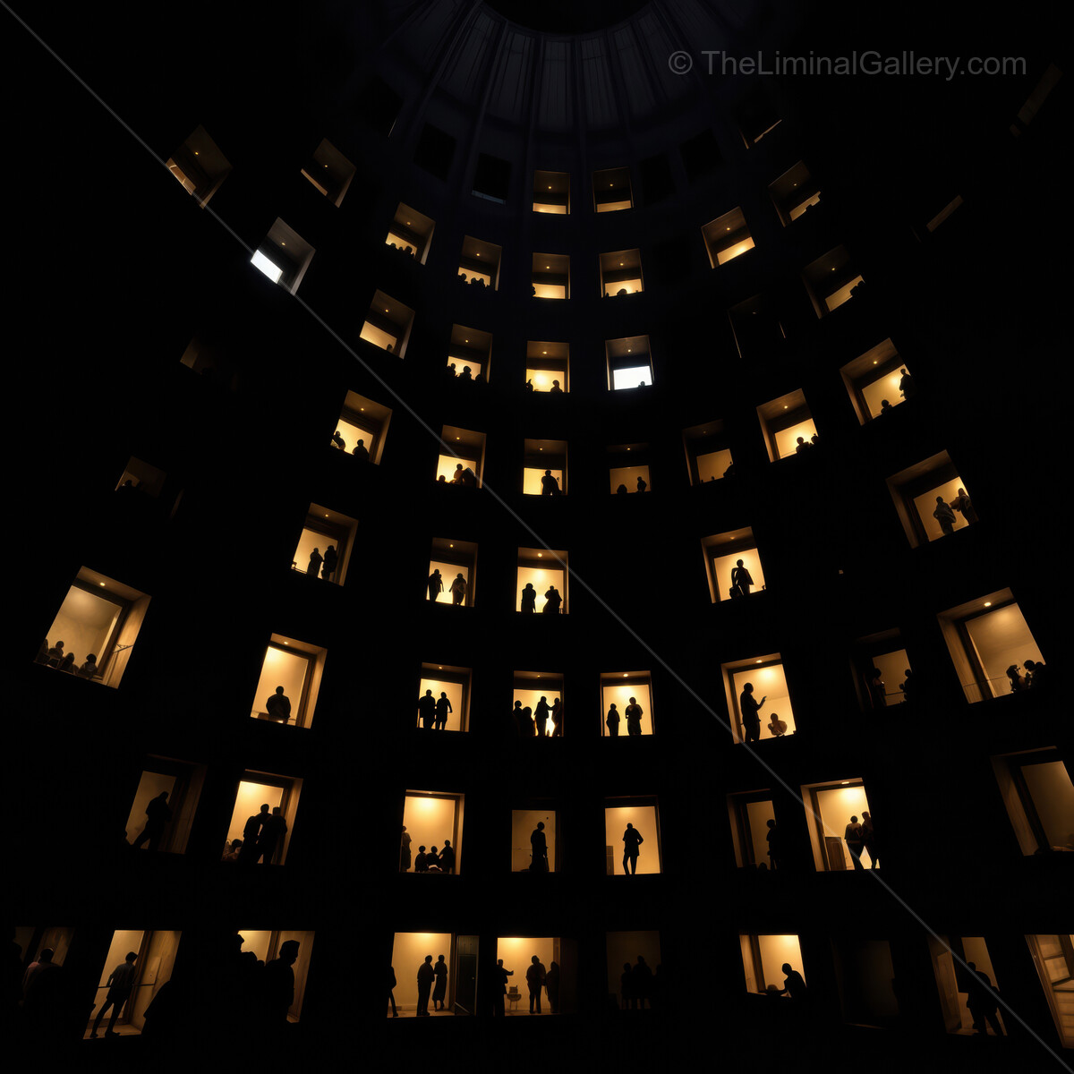 Visitors admire the stunning liminal architecture of a building during evening hours
