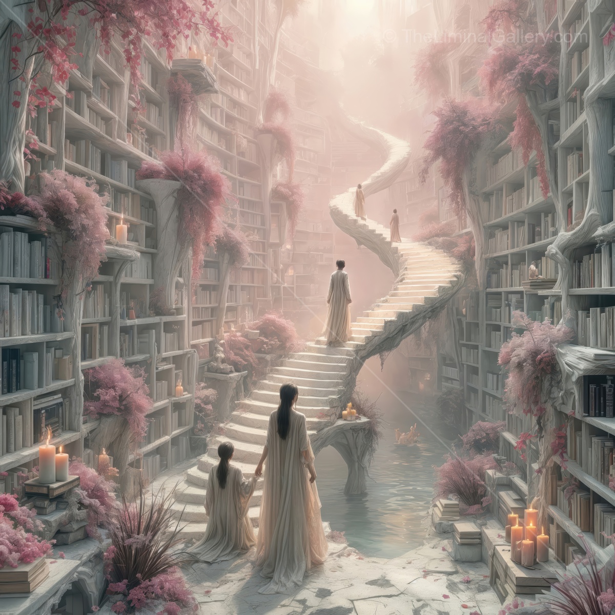 Stairway of knowledge amidst a magical library filled with blooming flora and flowing water