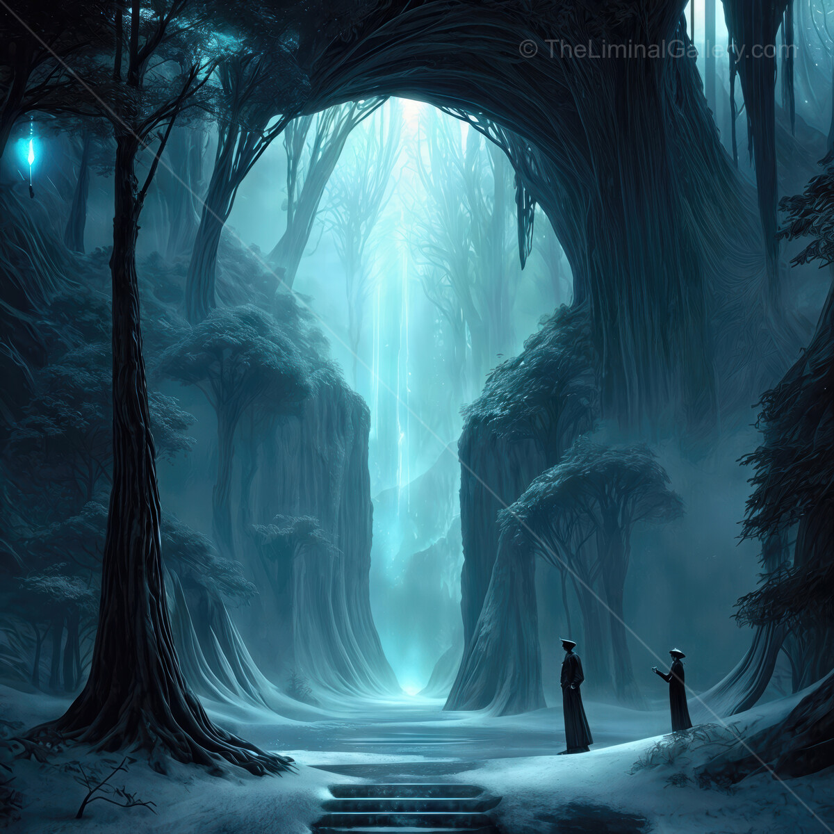 Enchanted forest reveals hidden waterfall under moonlit sky at twilight hour