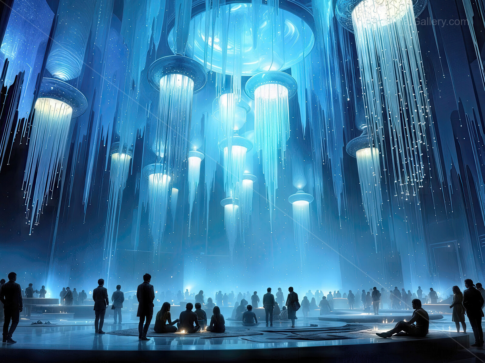 Beneath radiant waterfalls, a mystical gathering unfolds in shimmering mist, enchanting attendees with serene light and the magic of an ethereal realm