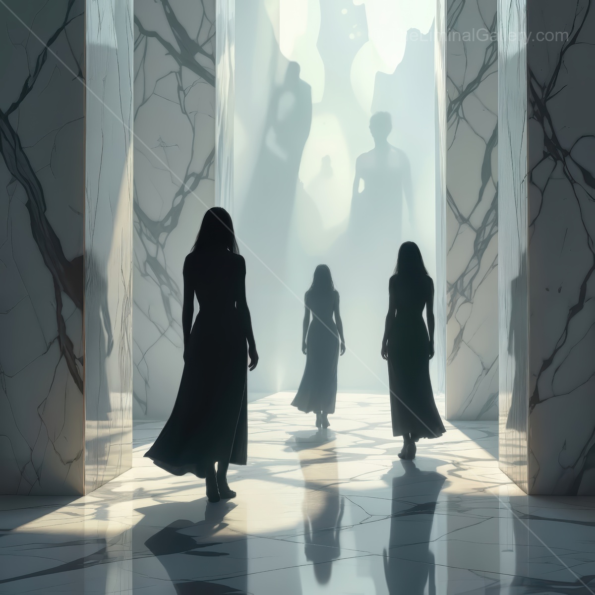 Mysterious silhouettes wander through an ethereal marble corridor filled with soft, shimmering light