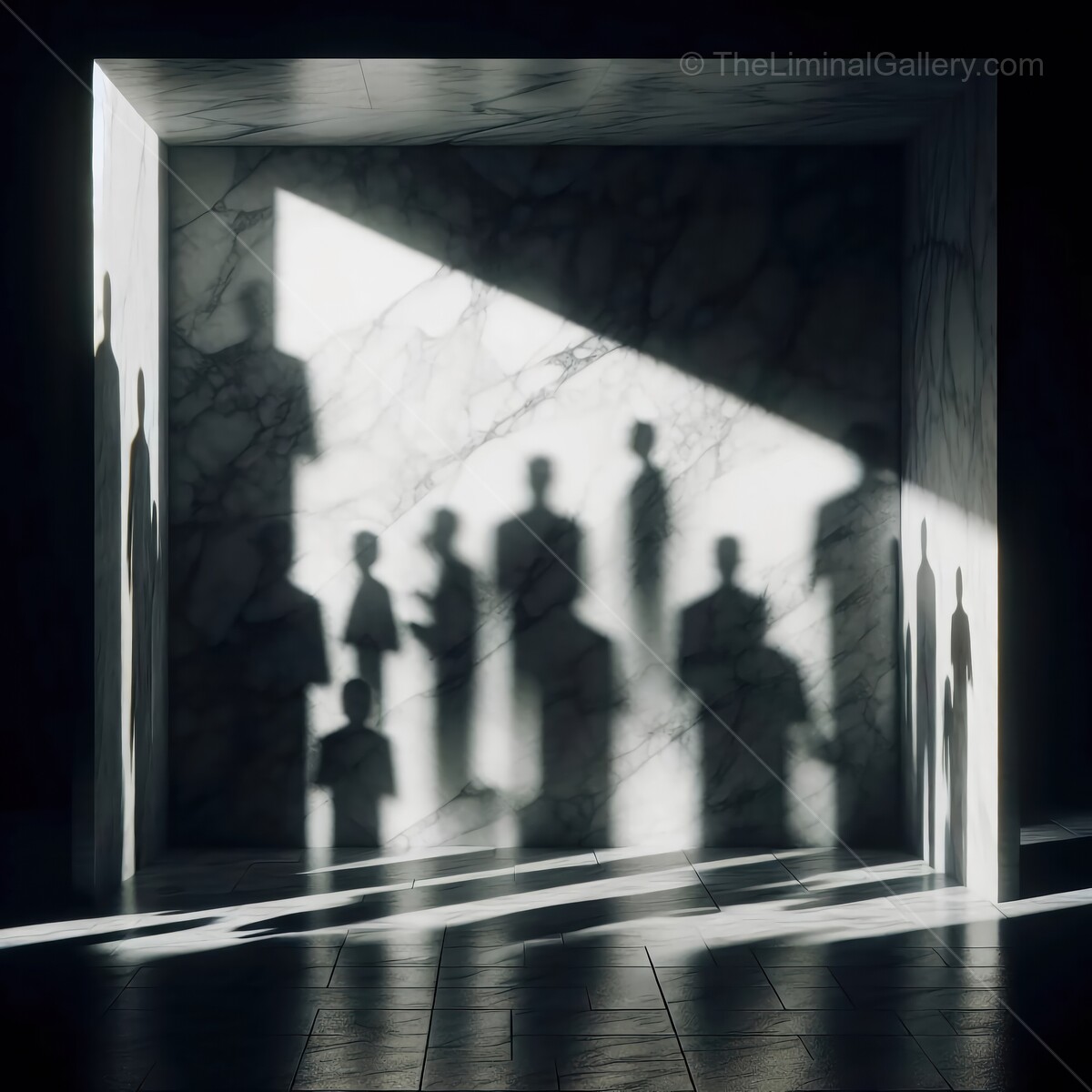 Shadows dance on marble walls in an ethereal gallery filled with mysterious figures