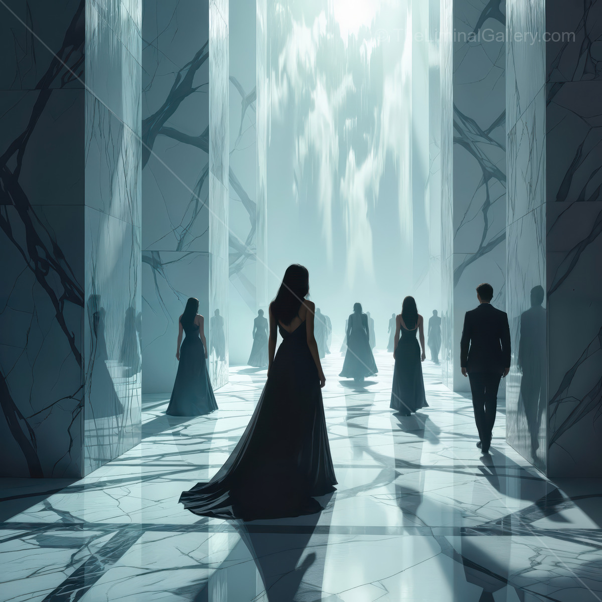 Elegant gathering of sleek figures in dark gowns and suits in a luminous, marble hallway at sunset