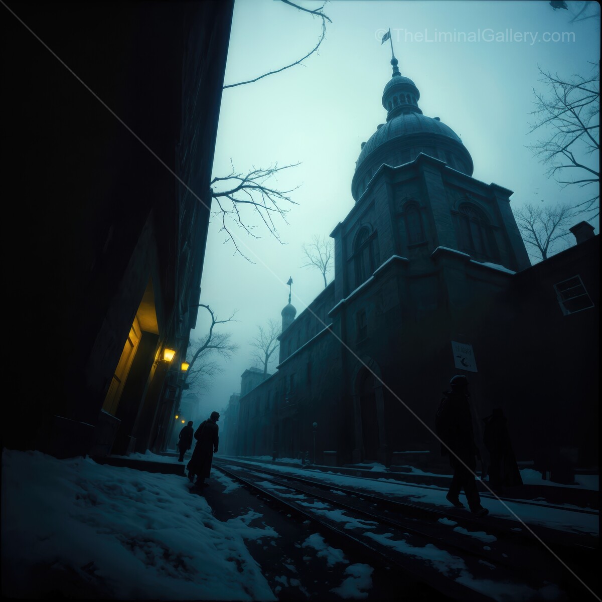 Mysterious evening stroll through a snowy street near an ancient church in winter's embrace