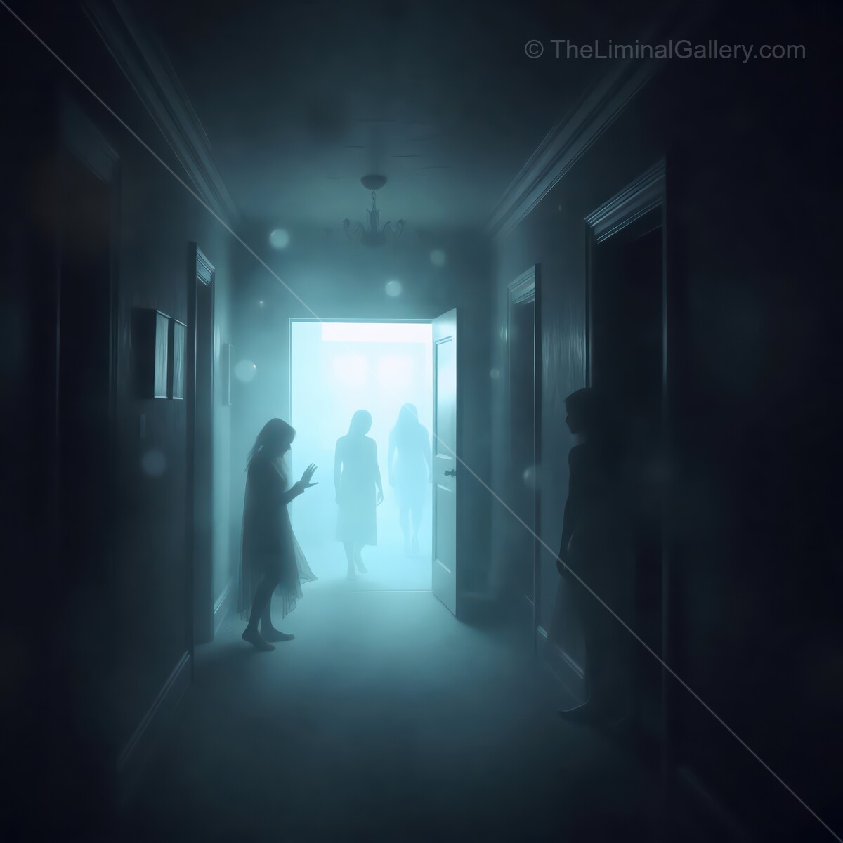Mysterious figures and ghostly lights haunt the dimly lit hallway at dusk