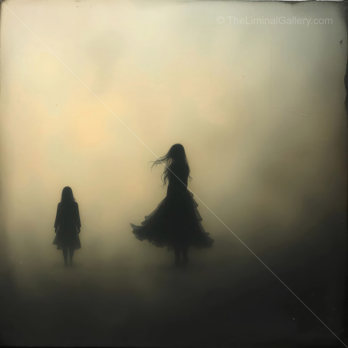 Mysterious silhouettes dance in ethereal fog beneath a twilight sky
