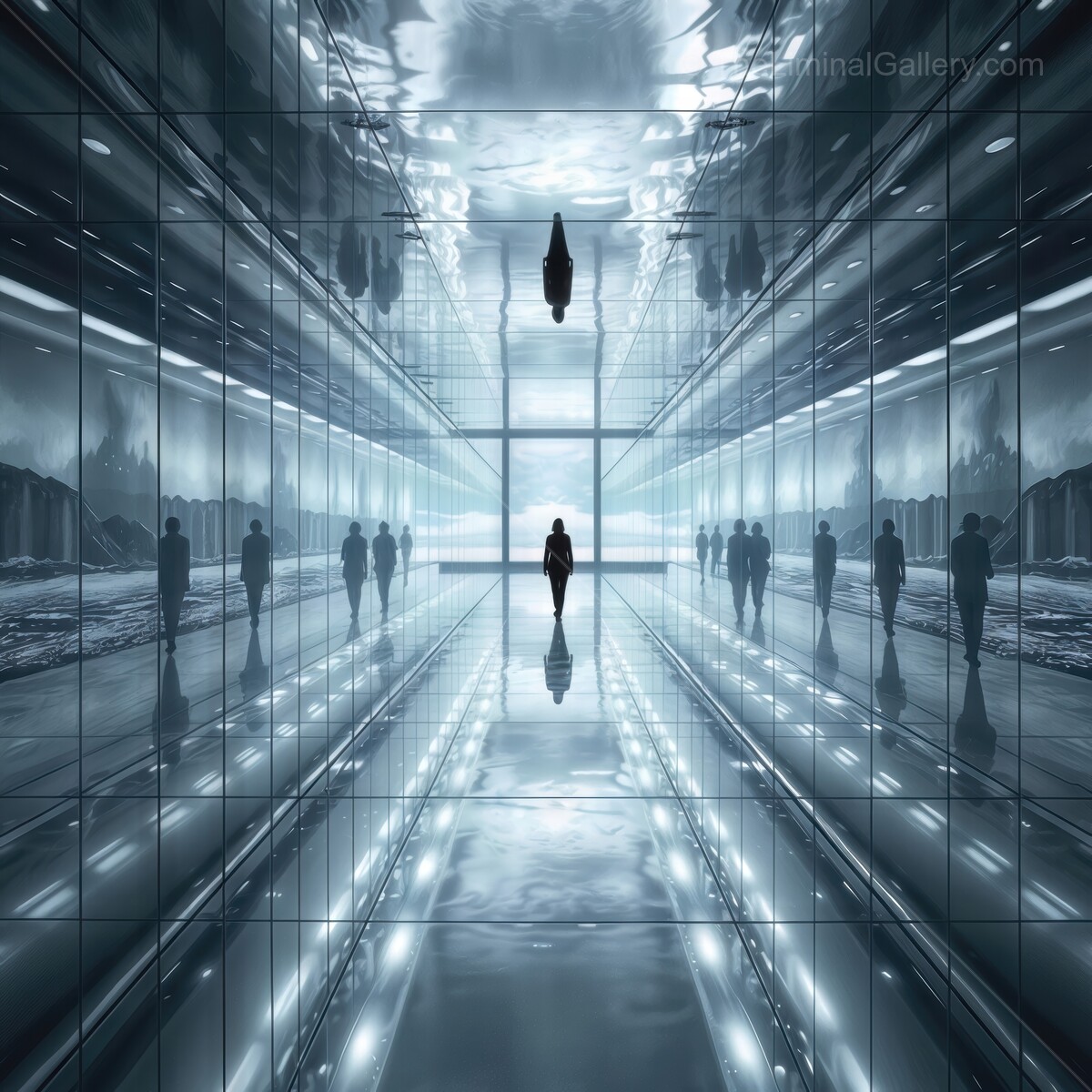 Reflective corridor with mysterious figures in a futuristic setting during twilight hours