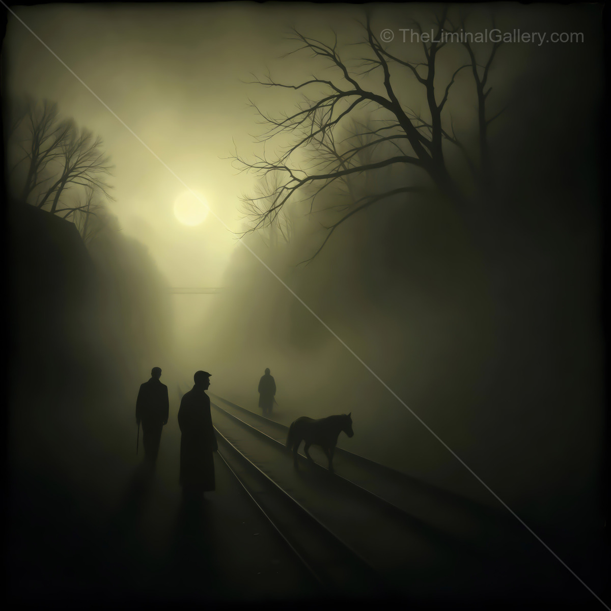 Shadows of the past wander through a misty railway at dusk with horse and figures