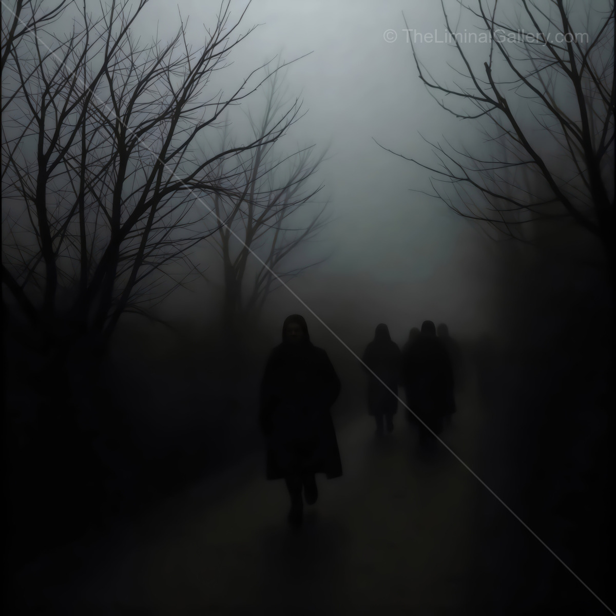 Shadows of liminal solitude walking through a foggy path at dusk in a mysterious landscape