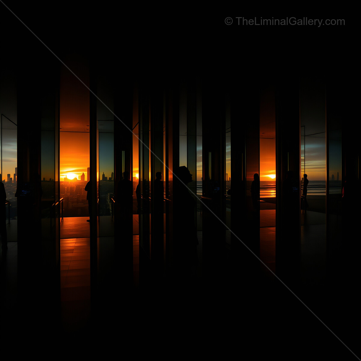 Sunset reflections create a stunning silhouette against the city skyline