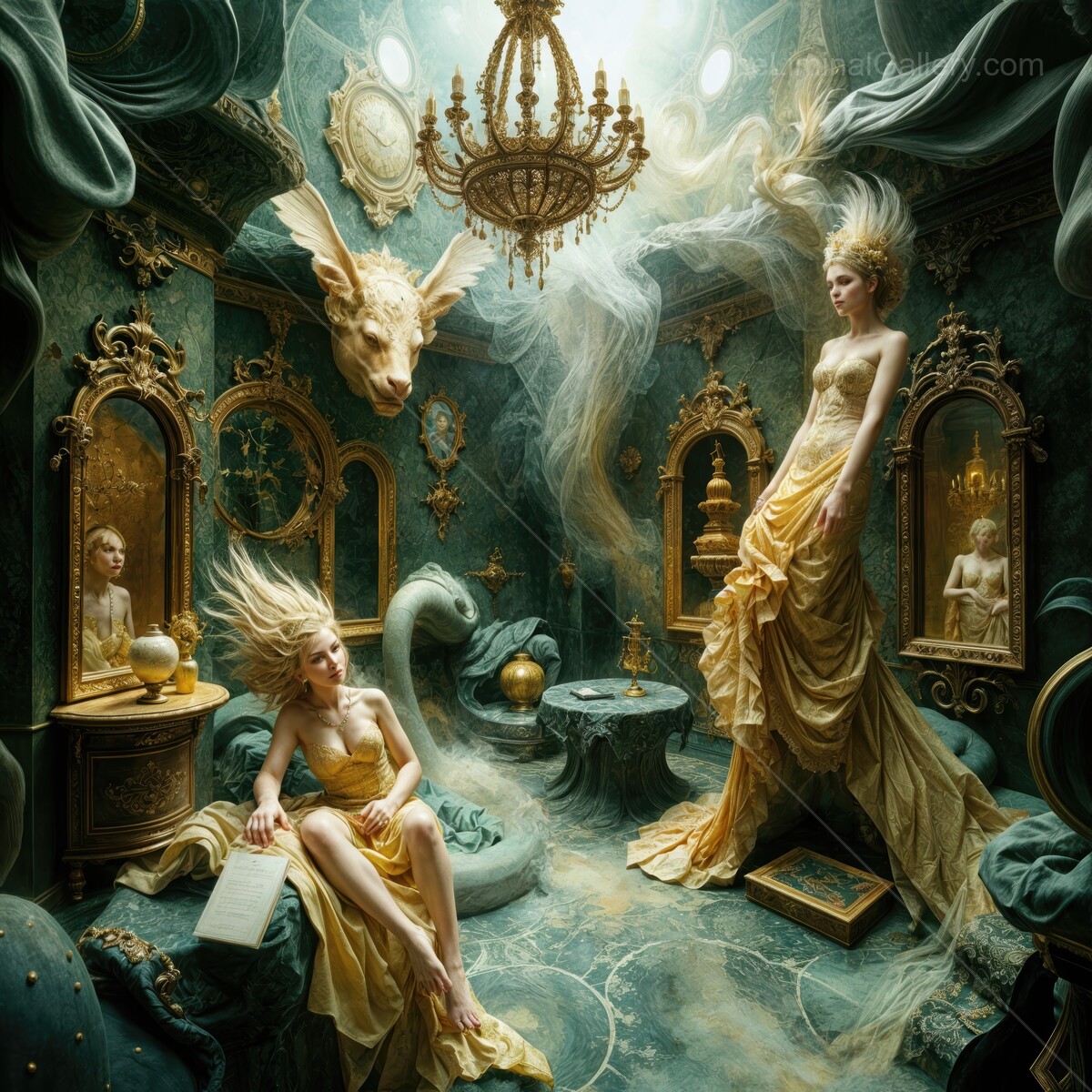 Ethereal elegance in a surreal palace of reflections and shadows