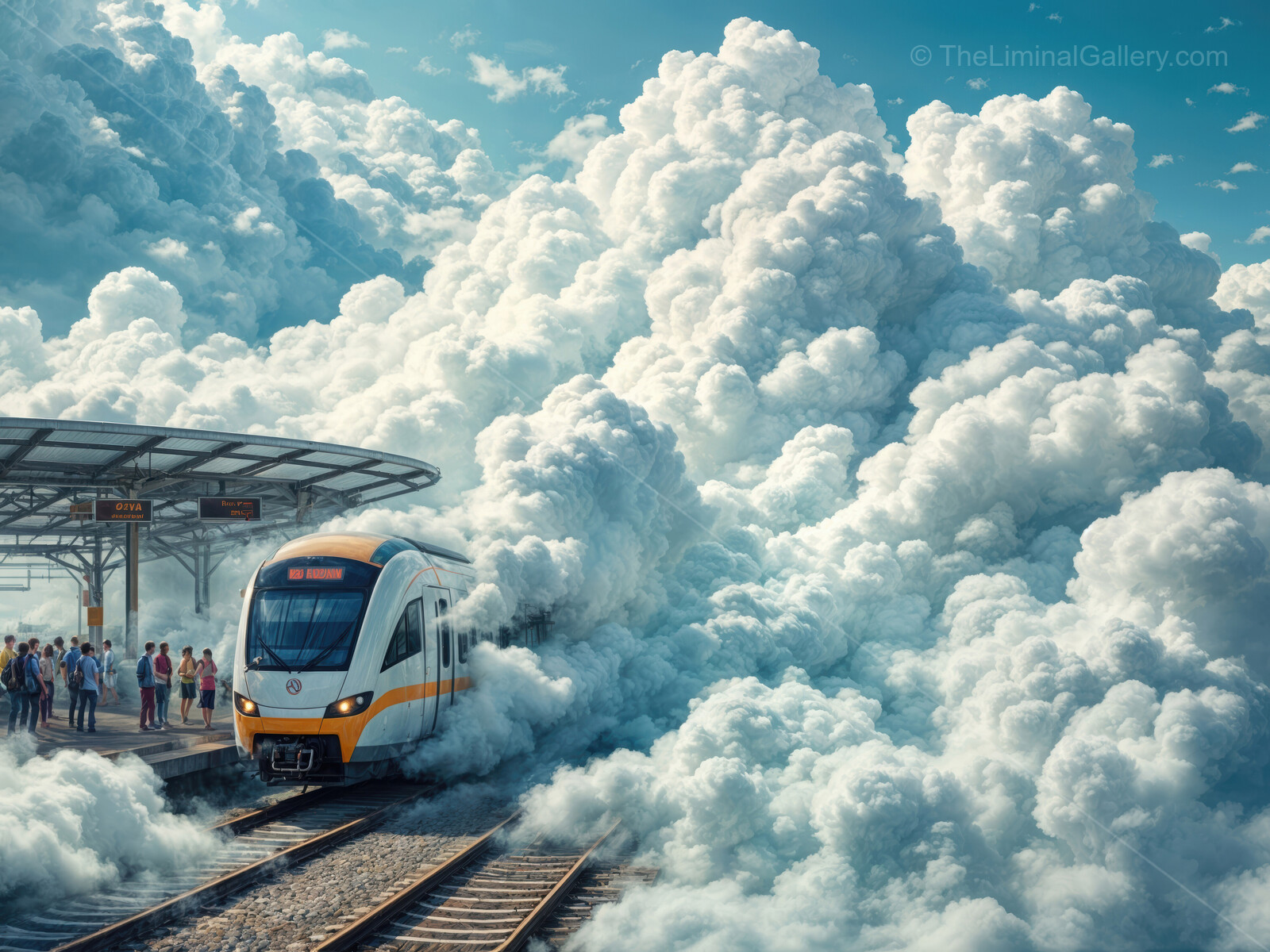 Majestic train glides through clouds at a vibrant station on a sunny day