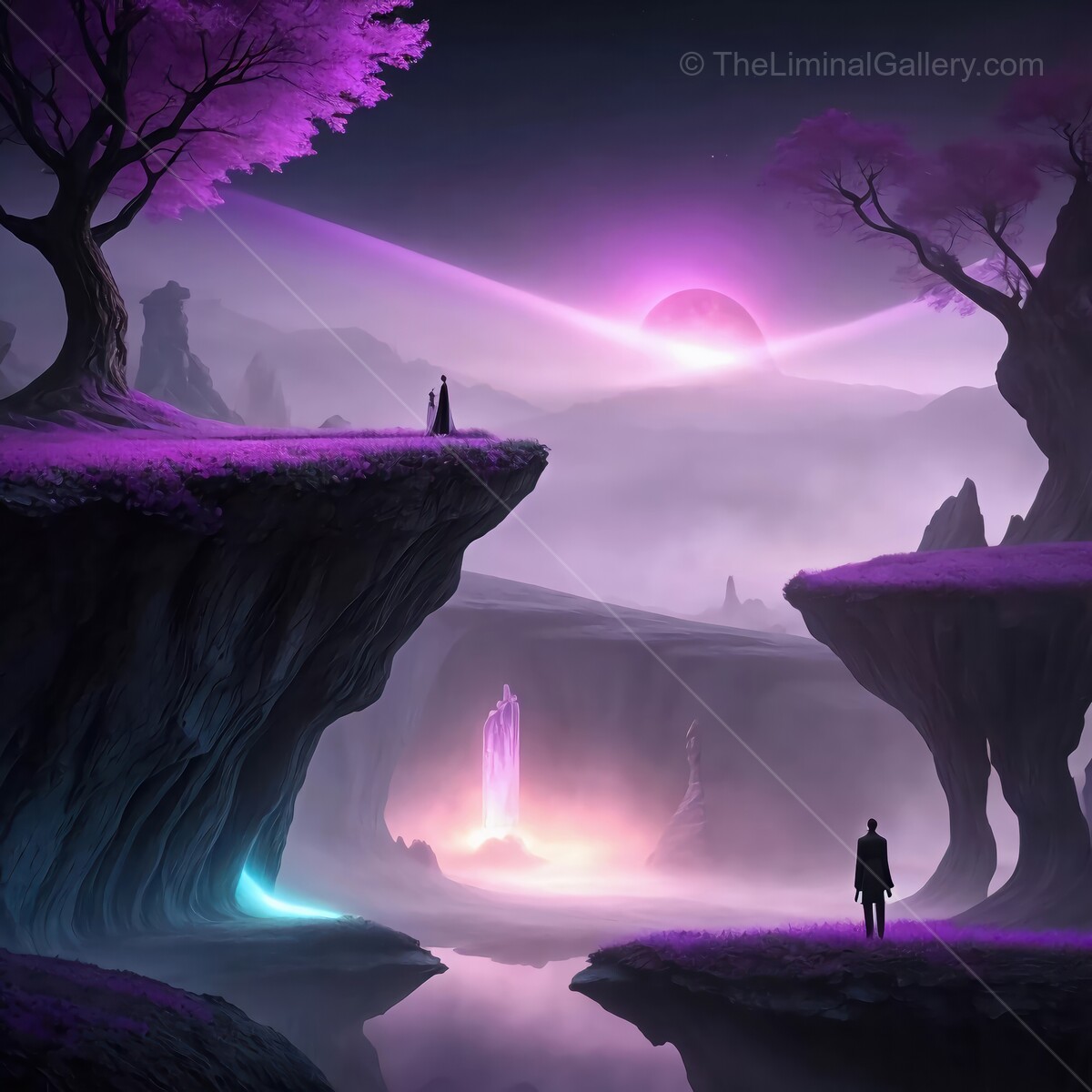 Starlit serenity unfolds in a magical valley beneath a glowing sky