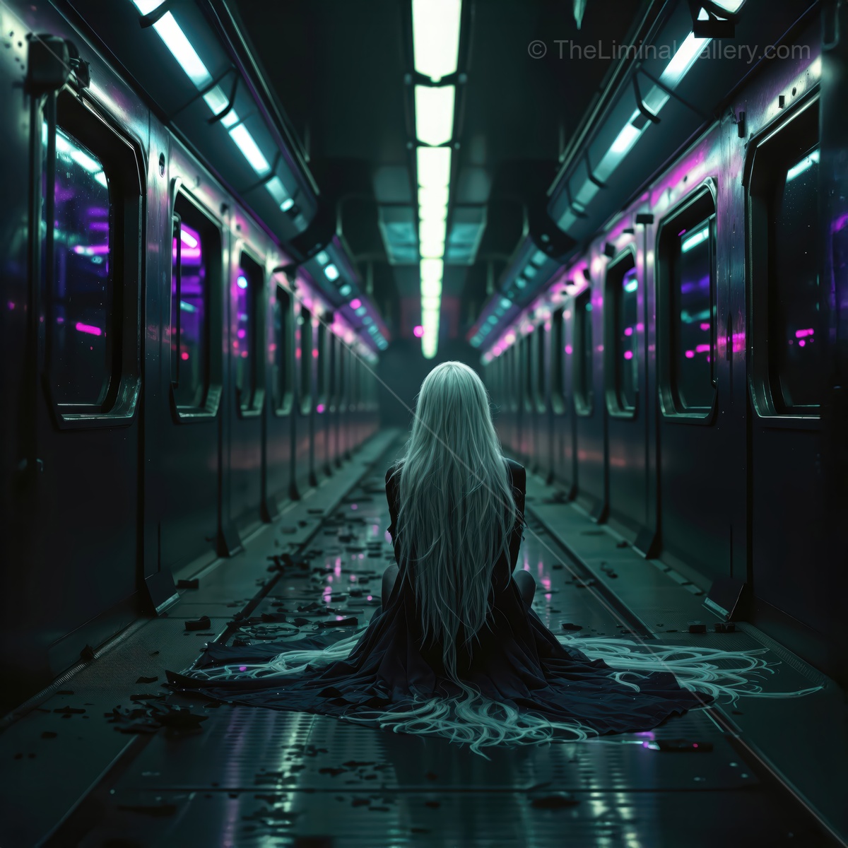 Mystical figure sits in an abandoned subway station illuminated by neon lights