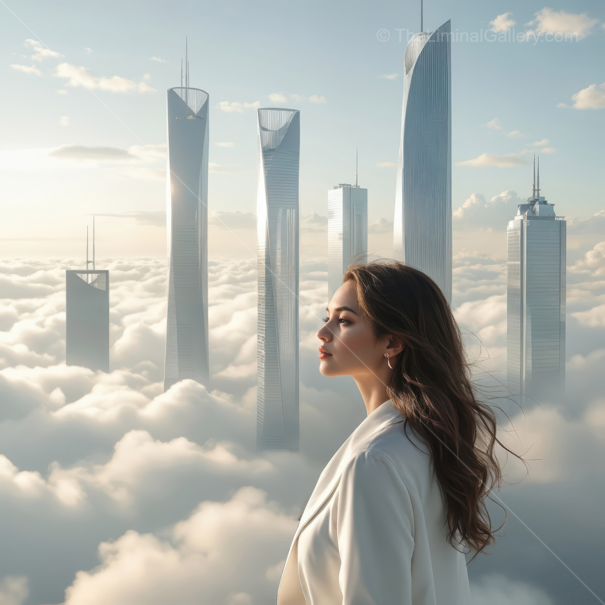 Woman stands among sky-high towers above cloud, sunrise warming the scene and lifting her hair