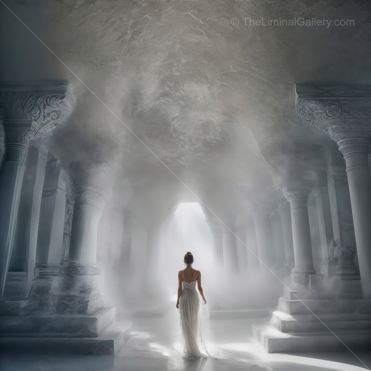 Mysterious figure wandering through a majestic ancient hall at dawn with ethereal light illuminating the space